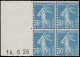 ** FRANCE - Poste - 192c, Bloc De 4, Cd à Gauche (roulette) 14/6/26 (Bdf *): 30c. Semeuse Bleu, Certificat Robineau - RR - Unused Stamps