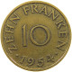 GERMANY WEST 10 FRANKEN 1954 SAARLAND #a021 0157 - 10 Francos