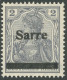 SAARGEBIET A 1 , 1920, 2 Pf. Dunkelblaugrau (schraffierter Hintergrund) Aufdruck Irrtümlich Auf Dt. Reich Mi.Nr. 83I Sta - Andere & Zonder Classificatie