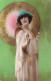 FANTAISIE - Femme Avec Une Ombrelle - Robe Blanche - Chapeau Bleu - Colorisé - Carte Postale Ancienne - Frauen