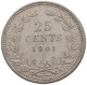 NETHERLANDS 25 CENTS 1901 Wilhelmina 1890-1948 RARE #c025 0171 - 25 Cent