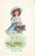 ENFANT - Bonne Fête - Petite Fille Avec Un Sac De Fleurs - Robe Bleue - Carte Postale Ancienne - Autres & Non Classés