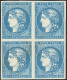 (*) No 44Ba, Bleu Foncé Rep. II, Bloc De Quatre, Les 4 Ex Pd Mais Très Frais Et Superbe D'aspect. - RR - 1870 Emission De Bordeaux