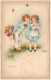 ENFANTS - Dessins D'enfants - Un Garçon Donnant Un Bouquet De Fleurs à Une Petite - Colorisé - Carte Postale Ancienne - Children's Drawings