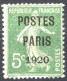 [(*) SUP] PO24, 5c Vert 'POSTES PARIS 1920' - Signé Calves - Cote: 180€ - 1893-1947