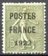 [(*) TB] PO37, 15c Olive 'POSTES FRANCE 1922', Regommé Et Compté Comme Sans Gomme - Signé Calves - Cote: 700€ - 1893-1947