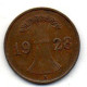 GERMANY - WEIMAR REPUBLIC, 1 Reichs Pfennig, Bronze, Year 1928-A, KM # 37 - 1 Renten- & 1 Reichspfennig