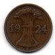 GERMANY - WEIMAR REPUBLIC, 1 Reichs Pfennig, Bronze, Year 1924-J, KM # 37 - 1 Renten- & 1 Reichspfennig