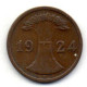 GERMANY - WEIMAR REPUBLIC, 2 Renten Pfennig, Bronze, Year 1924-F, KM # 31 - 2 Rentenpfennig & 2 Reichspfennig