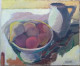 René TEIL  NATURE MORTE A LA CRUCHE BLANCHE  - PEINTURE HUILE  -  LEGENDE AU DOS  -   LANCIE  69220 - Oils