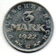 GERMANY - WEIMAR REPUBLIC, 3 Mark, Aluminum, Year 1922-G, KM # 29 - 3 Marcos & 3 Reichsmark