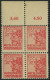 MECKLENBURG-VORPOMMERN 36zb VB , 1946, 12 Pf. Rot, Dünnes Papier, Im Viererblock Vom Oberrand, Pracht, Gepr. Kramp, Mi.  - Other & Unclassified