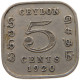 CEYLON 5 CENTS 1920 #s087 0283 - Sri Lanka