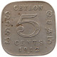 CEYLON 5 CENTS 1912 #s087 0281 - Sri Lanka
