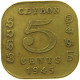 CEYLON 5 CENTS 1945 #s088 0665 - Sri Lanka