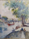 Tableau Aquarelle Paris Bord De Seine Animée Ca1960 - Acquarelli