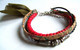 Delcampe - Bracelet Multirangs, Pierre De Lave, Bracelet Artisanal, Cuir, Liège, Bois, Soie De Sari, Pompon, Bijou Nomade, Ethnique - Bracciali