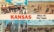 Kansas ' Where The West Begins' Bison American Buffalo Herd, Rodeo, Cowboys Branding Cattle, C1960s Vintage Postcard - Other & Unclassified