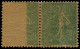 ** VARIETES - 130   Semeuse Lignée, 15c. Vert Gris, Papier GC, PAIRE Impression RECTO VERSO Dont L'un Partielle, TTB - Nuevos