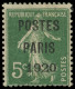 (*) VARIETES - Préo 24c    5c. Vert, POSTES PARIS 1920, Variété GROS CHIFFRES De La Case 21, RR Et TB, Certif. JF Brun - Other & Unclassified