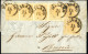 Cover 1850, Lettera Da Milano Del 14.1 Per Brescia, Affrancata Con Striscia Di Cinque Più Uno 5 C. Giallo Ocra, Firmata  - Lombardy-Venetia