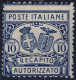 * 1928, Recapito Autorizzato 10 C. Azzurro Dent. 11 X 14, Nuovo Con Gomma Originale E Minima Traccia Di Linguella, Cert. - Autres & Non Classés