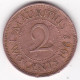 Ile Maurice , 2 Cents 1962 , Elizabeth II , En Bronze , KM# 32 - Mauricio