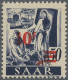 Saarland (1947/56): 1947, 10 Fr Auf 50 Pfg, Sog. Urdruck, Aufdruck In Type I, Po - Ungebraucht