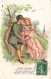 COUPLE - Tendre Voyageur - Illustration - Argenté - Robe Rose - Carte Postale Ancienne - Couples