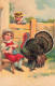N°24271 - Carte Gaufrée - Thanksgiving - Garçon Regardant Une Fillette Assise Près D'un Dindon - Thanksgiving
