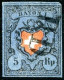 SUISSE - Z 15 IIb 5 RAPPEN BLEU FONCE VIOLACE CROIX NON ENCADREE RAYON 1 - OBLITERE - CERTIFICAT ED. ESTOPPEY - 1843-1852 Timbres Cantonaux Et  Fédéraux