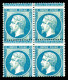 ** N°22, 20c Bleu, Superbe Piquage à Cheval En Bloc De Quatre, Fraîcheur Postale. TTB. R.R. (signé Calves/certificat)  Q - 1862 Napoléon III.