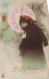 FANTAISIE - Femme - Bonne Année - Femme Avec Une Ombrelle - écharpe - Carte Postale Ancienne - Femmes