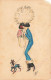 ILLUSTRATEUR SIGNE - Plum - Jeune Femme Avec Son Chien Laisse Habillé - Manteau Bleu - Carte Postale Ancienne - Other & Unclassified