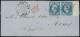 Let EMPIRE DENTELE - 22   20c. Bleu, PAIRE Bdf, Obl. Los. Bâton DS3 S. LAC, Càd PARIS D3 6/3/63, Arr. MONS, TB - 1849-1876: Période Classique