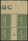 * VARIETES - 130j  Semeuse Lignée, 15c. Vert-gris, BLOC De 4 Mill.9, Manchette GC, Papier Gris-jaune, TB - Millésime