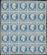 ESS FRANCE - Poste - 14A, Type I, Essai En Bleu, Impression Défectueuse, Bloc De 25 Dont 5 Ex Défectueux: 20c. Empire - 1853-1860 Napoléon III.