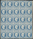 ESS FRANCE - Poste - 14A, Type I, Essai En Bleu, Impression Défectueuse, Bloc De 25 Dont 5 Ex Défectueux: 20c. Empire - 1853-1860 Napoleon III