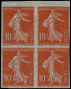 (*) FRANCE - Poste - 135, Bloc De 4 D'essais, Non Dentelé Sur Papier Pelure: 10c. Semeuse Maigre Rouge - Unused Stamps