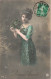 FANTAISIE - Femme - Bonne Année - Femme En Robe Verte - Feuilles - Carte Postale Ancienne - Women