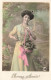 FANTAISIE - Femme - Bonne Année - Femme Avec Panier De Fleurs - Ruban Rose - Carte Postale Ancienne - Femmes