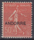 TIMBRE ANDORRE SEMEUSE LIGNEE N° 15 NEUF * GOMME LEGERE TRACE DE CHARNIERE - Ungebraucht