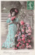 ENFANT - Fille En Robe Longue Bleue à Fleurs Roses - Heureux Anniversaire - Carte Postale Ancienne - Autres & Non Classés