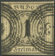 BADEN 1a O, 1851, 1 Kr. Schwarz Auf Sämisch, Nummernstempel 43 (FREIBURG), Allseits Voll-überrandig, Kabinett, Fotoattes - Autres & Non Classés