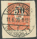 OBERSCHLESIEN 12aIII Aa BrfStk, 1920, 50 Pf. Auf 5 M., Stempel HINDENBURG, Prachtbriefstück, Kurzbefund Gruber, Mi. 220. - Andere & Zonder Classificatie