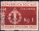 R.S.I -FRANCHIGIA MILITARE  BRUNO ROSSO DELLA SERIE "EMBLEMI DELLA R.S.I" SASS.1 USATO CON DISCRETA CENTRATURA  CV 300++ - Afgestempeld