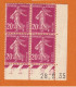 Bloc 4 Timbres Coin Daté Type Semeuse 1924 Y&T N°190 20c Lilas-rose Neuf Sans Charnière - ....-1929