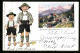 Künstler-AK P. O. Engelhard (P.O.E.): Berchtesgaden, Jungen In Tracht, Totalansicht  - Engelhard, P.O. (P.O.E.)