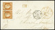 Lettre N°5 40c Orange En Paire Bien Margé OBL Grille Sans Fin + CAD T15 "2e Paris 13 (60)" (1852) Sur Lettre Pour Londre - 1849-1850 Ceres
