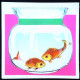 ► Carte Double Dessin FLUO Aquarium Ruban Tissu Vert  - IRAN 1970s Dim. 15x15 - Iran